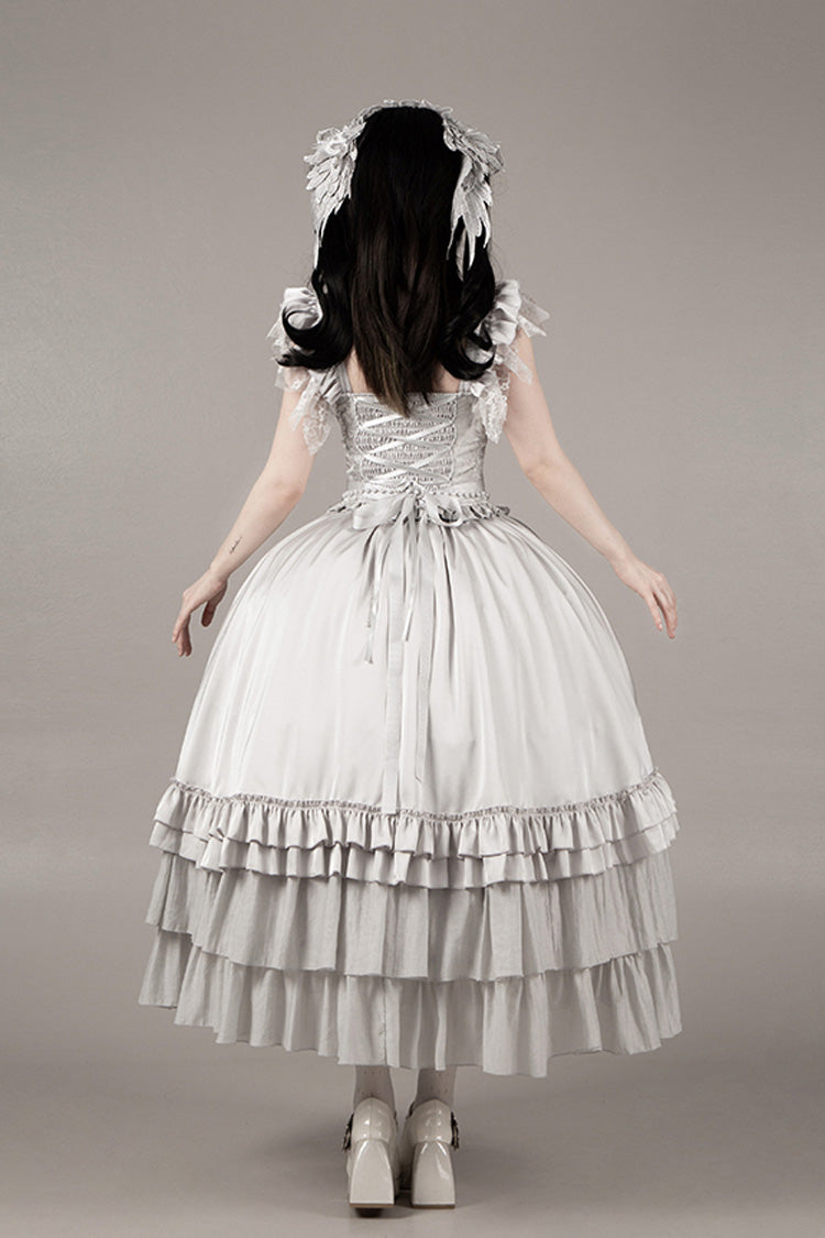 Solid Color Bionic Doll Square Collar Multi-Layered Ruffle Bowknot Lace-Up Gothic Lolita Long Skirt Corset Set