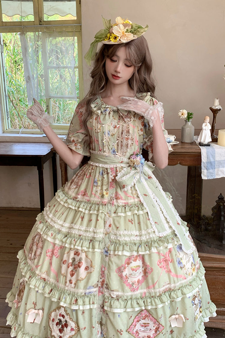 Green Cat Rose Tea Short Sleeves Print Ruffle Cardigan Bowknot Sweet Gorgeous Lolita Dress