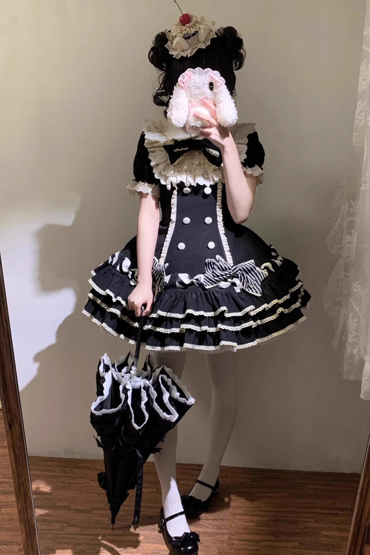 Black Striped Layered Short Sleeves Multi-Layered Ruffle Bowknot Sweet Princess Lolita Tiered Dress