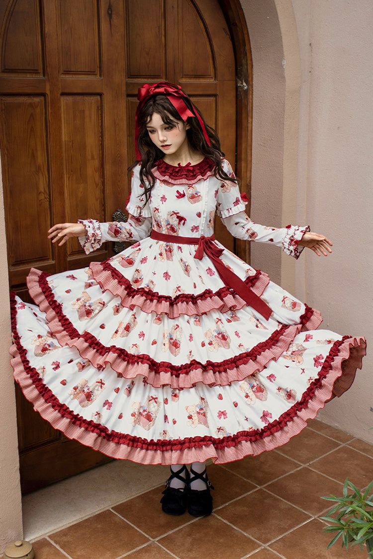 White/Pink Bell Strawberry Farm Print Long Sleeves Triple-Layered Ruffle Sweet Lolita Dress