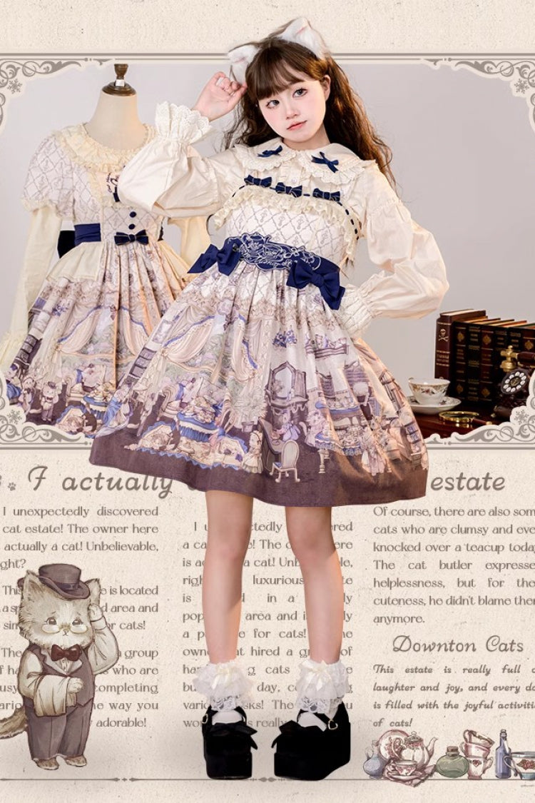 Multi-Color Cat Manor Print Embroidery Bowknot Sweet Lolita JSK Dress
