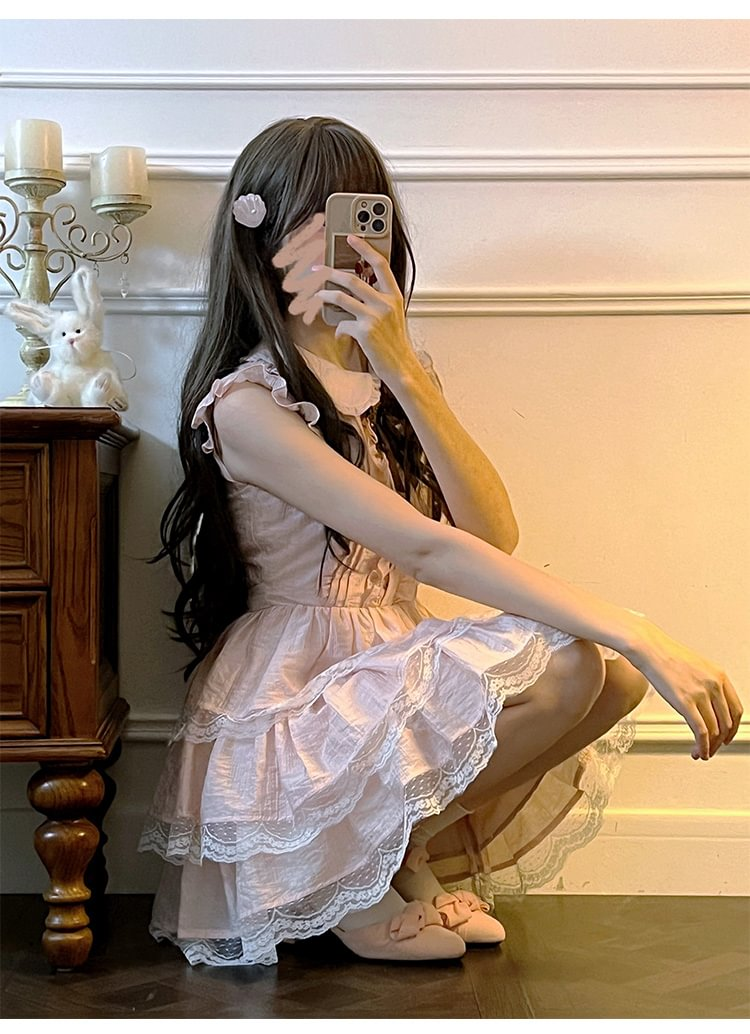 Sweet Lolita Doll Collar Pink Small Fly Sleeve Lace Edge Cake Princess Light Lolita Dress