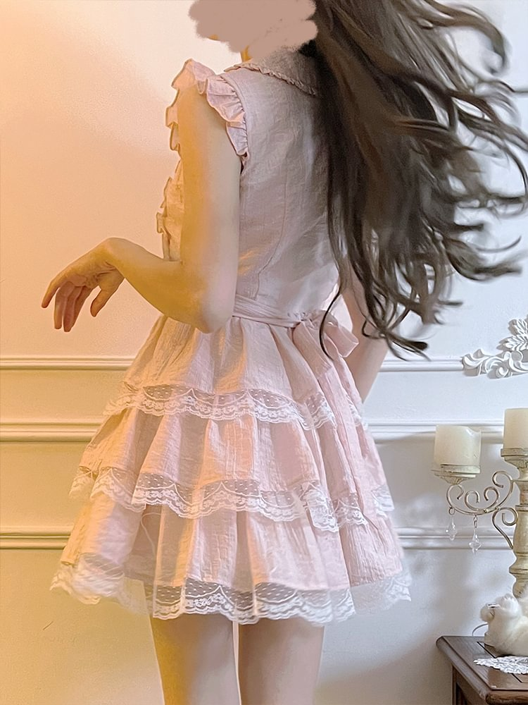Sweet Lolita Doll Collar Pink Small Fly Sleeve Lace Edge Cake Princess Light Lolita Dress