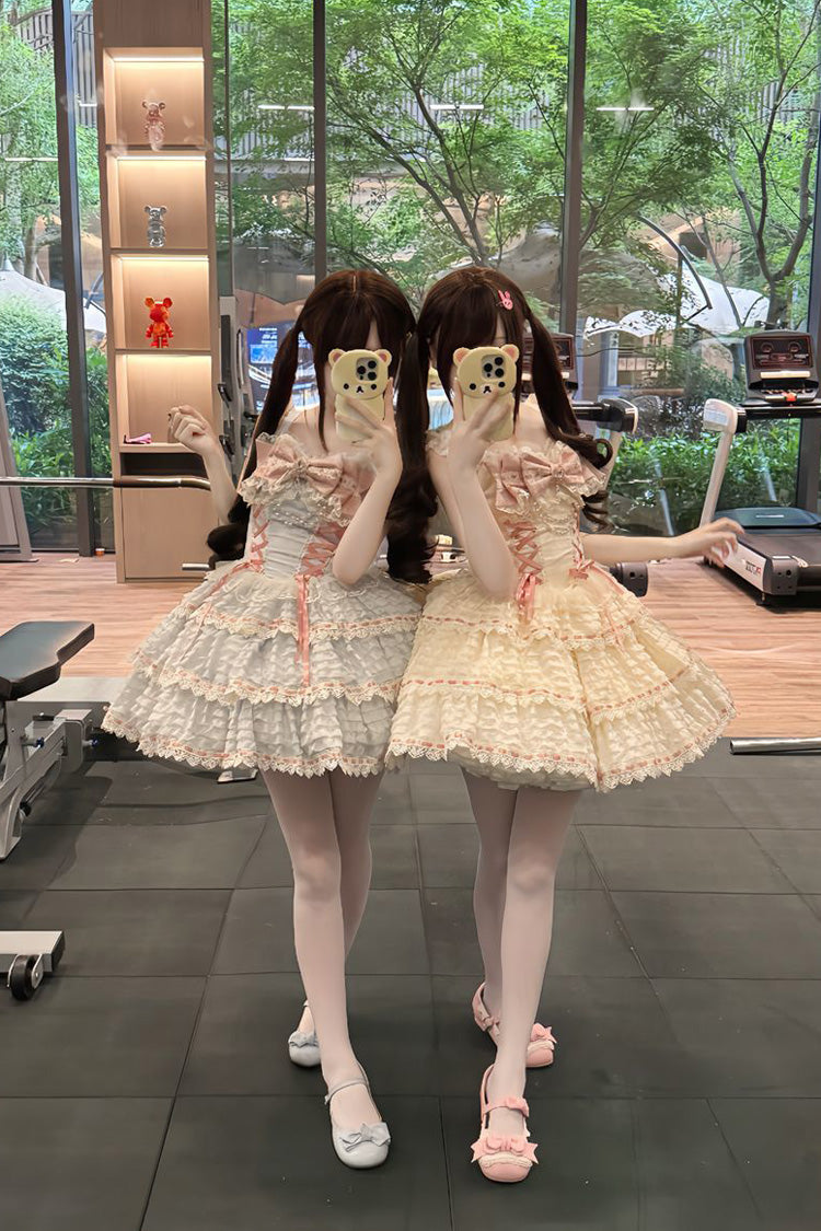 Apricot Song of Floral Letters Sleeveless Triple-Layered Bowknot Lace-Up Sweet Lolita Jsk Dress