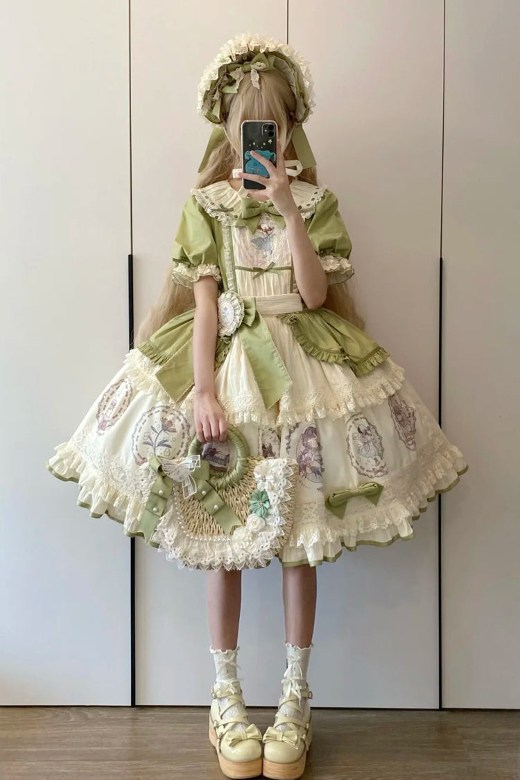 Green Little Ida's Flowers Short Sleeves Print Ruffle Bowknot Sweet Lolita Dress