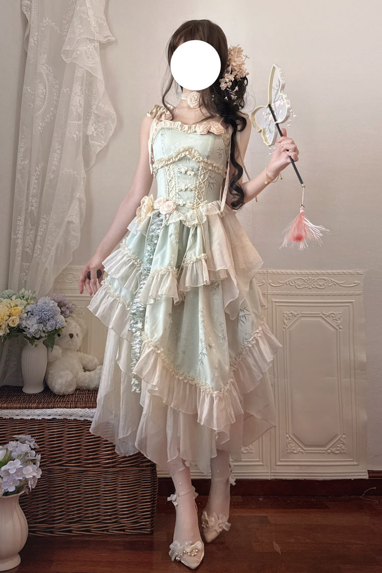 Green Tea Bamboo Song Sleeveless Jacquard Ruffle Bowknot Lace Irregular Sweet Chinese Style Ballet Lolita Jsk Dress Long Version Set