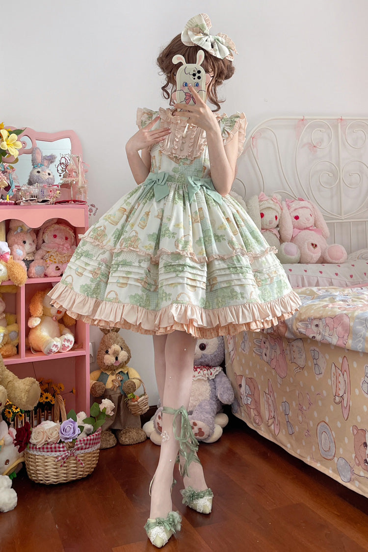 Green Grape Sleeveless Multi-Layered Print Bowknot Sweet Lolita Jsk Dress