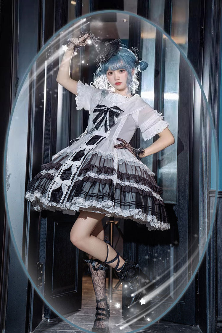 White/Black Multi-layer Ruffle Bowknot The Covenant of Summer Isle Gothic Princess Lolita Jsk Dress