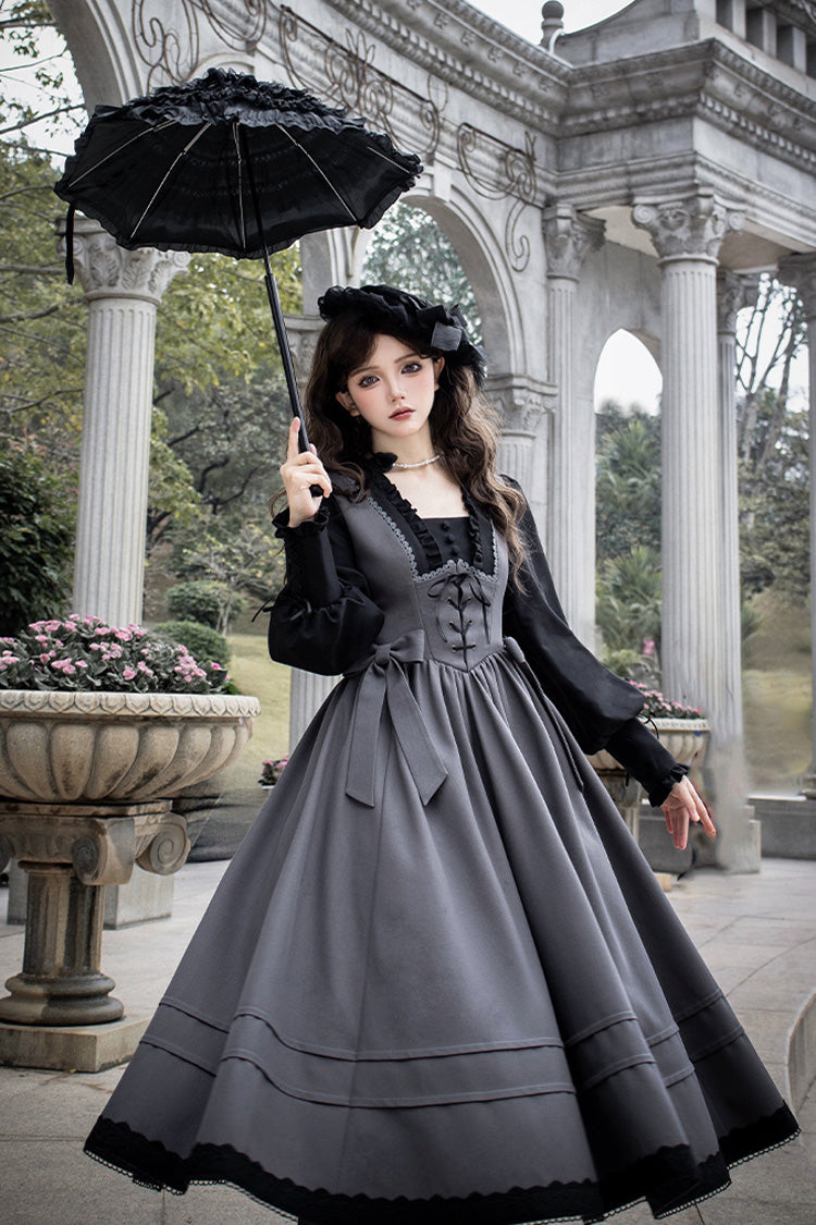 Grey Mist Chronicle Square Collar Long Sleeves Bowknot Lace-Up Color-Block Fake Two Pieces Classic Lolita Dress