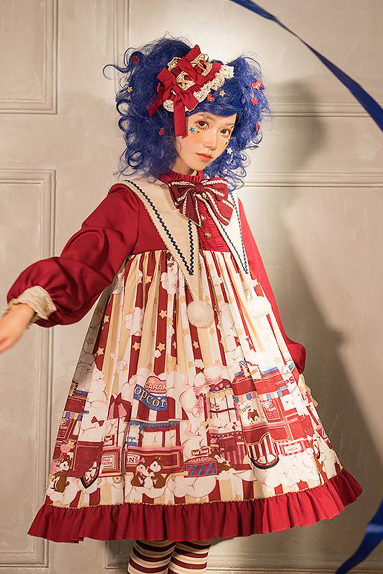 Red Lapel Collar Bowknot Lantern Long Sleeved Popcorn Print Sweet Lolita OP Dress
