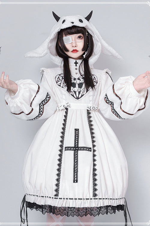 Beige Detachable High Neck Woolen Cuffs Demon Rabbit Gothic Lolita OP Dress