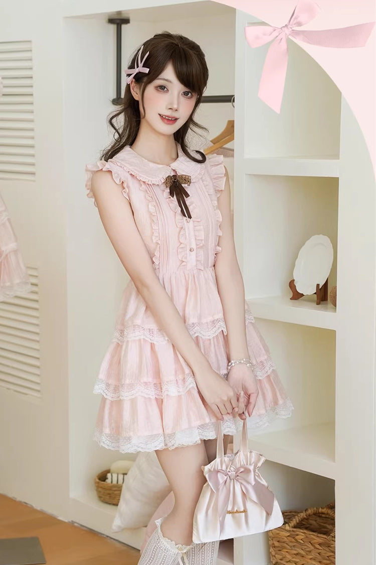 Pink Doll Collar Triple-Layered Ruffled Bow Lace Sweet Lolita Dress