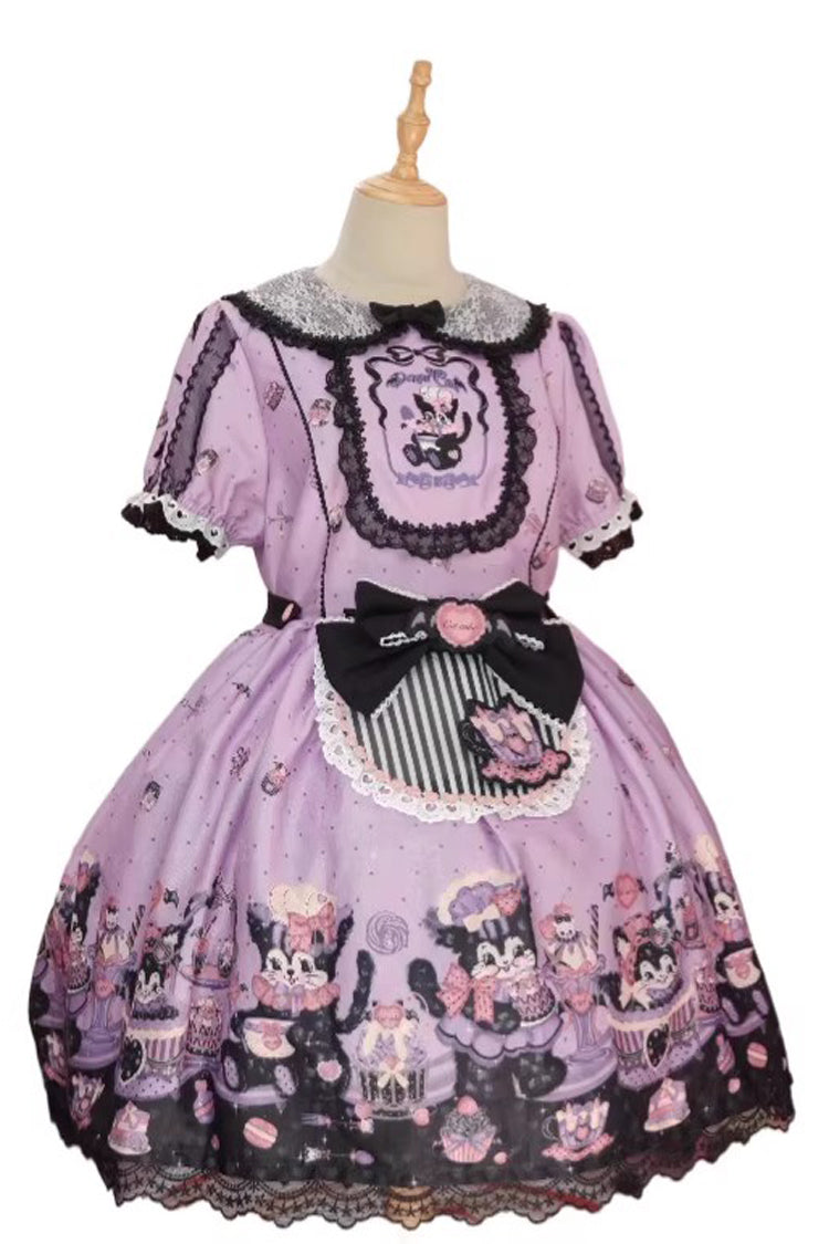 Purple Devil Cat Print Short Sleeves Ruffle Bowknot Lace Gothic Lolita OP Dress (Plus Size Support)