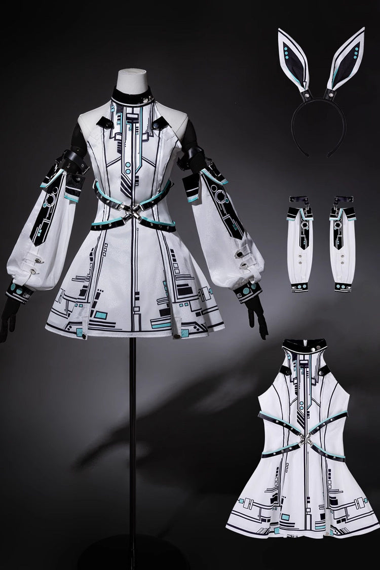 White Mecha Battle Maiden Stand Collar Print Futuristic Style Sweet Handsome Lolita Dress