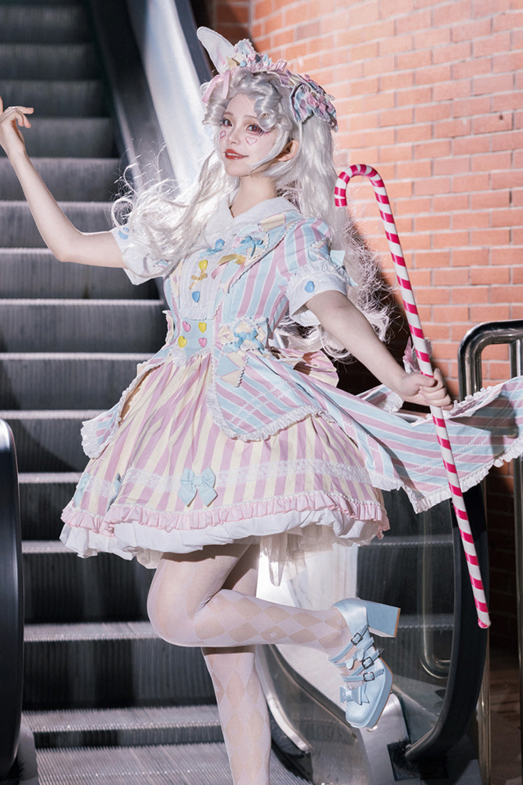 Blue/Pink Short Sleeves Weird Theater Print Ruffle Bowknot Sweet Lolita Dress