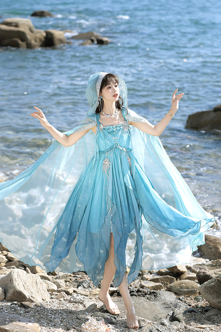 Blue Ocean Sprite Gradient Print Irregular Hooded Sweet Lolita Jsk Dress Cloak Set