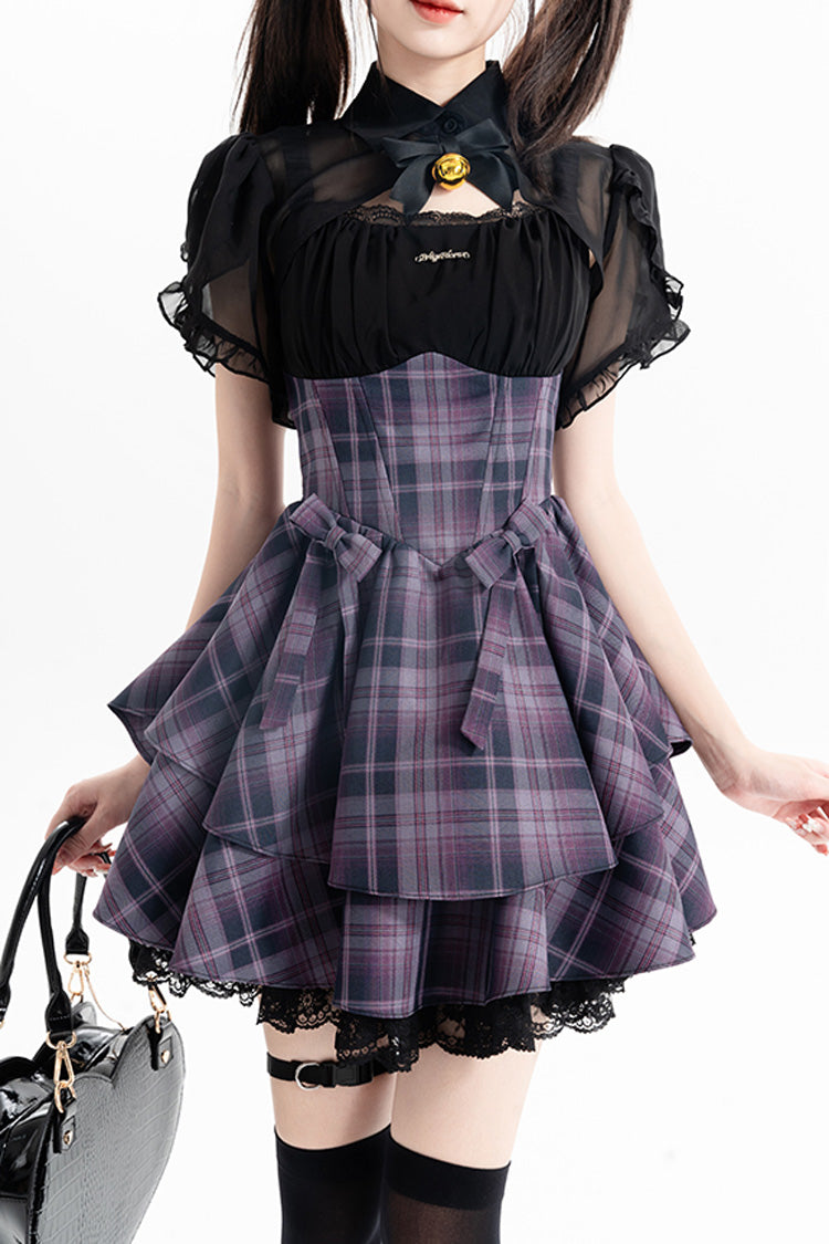 Purple Magic Cat Double-Layered Stripe Print Bowknot Sweet Lolita Jumper Dress