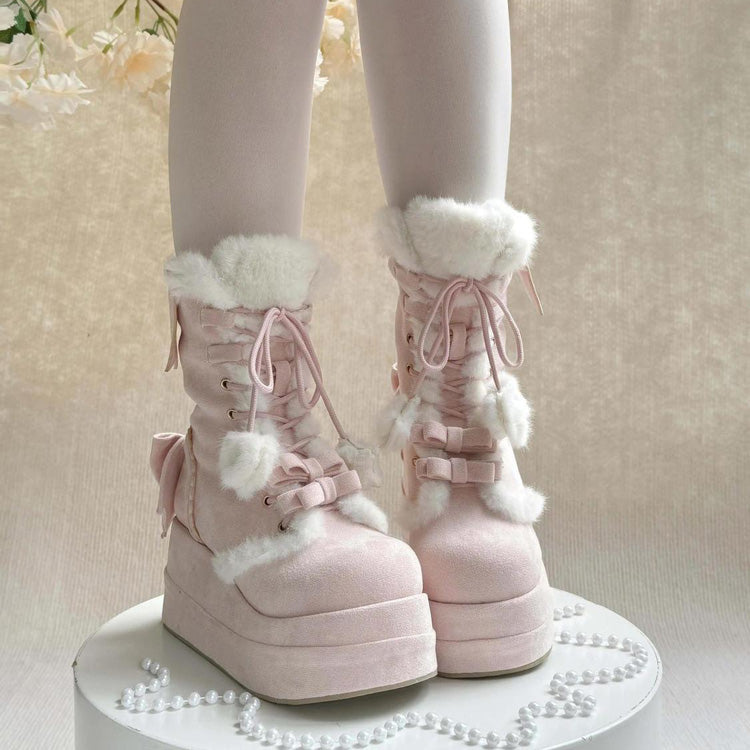 Pink Cute Platform Thick-Soled Bowknot Lace-Up Sweet Lolita Plush Boots
