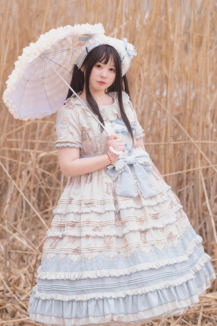 Blue/Apricot Harvest Bear Print Short Sleeves Multi-Layered Ruffle Bowknot Sweet Plus Size Lolita Dress 2 Versions
