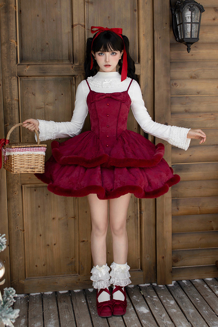 Winter's Wish Double-Layered Jacquard Bowknot Furry Sweet Lolita Jsk Dress 2 Colors
