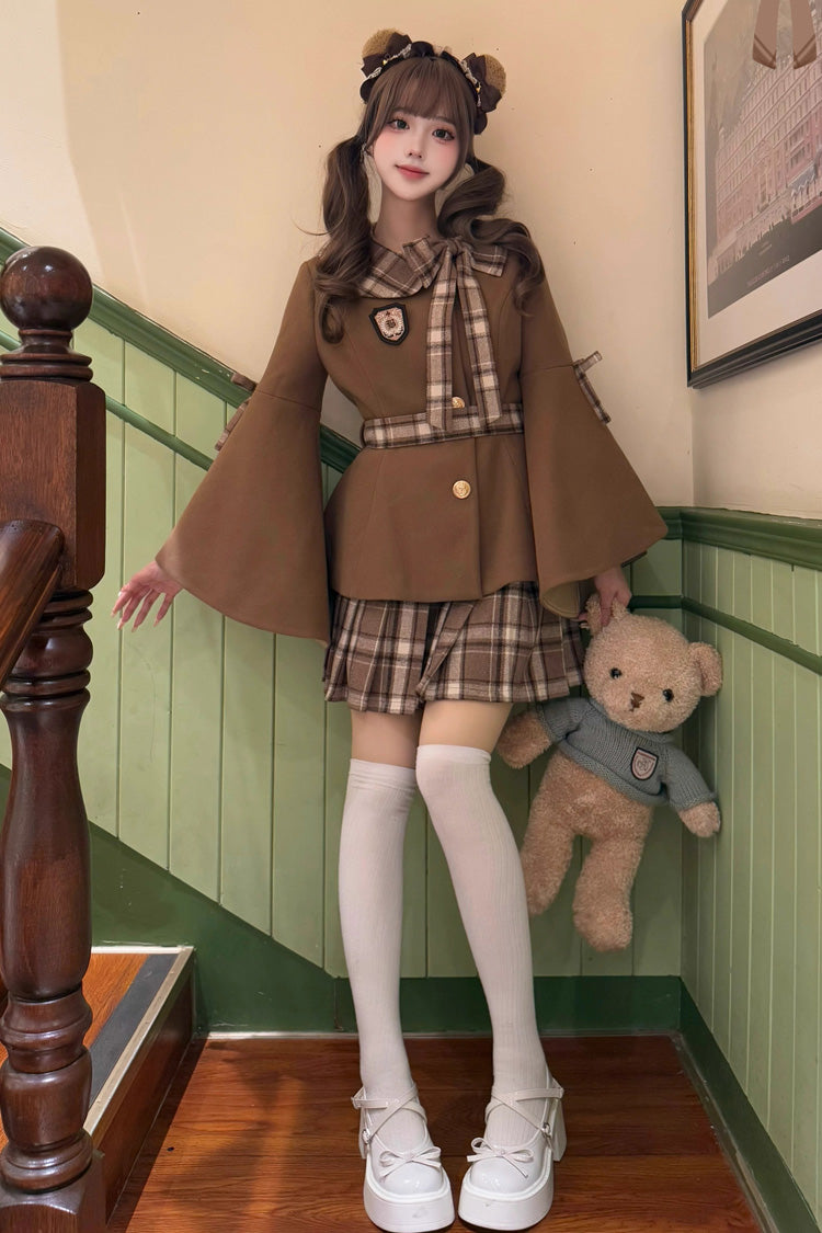 Chestnut Sea Salt Long Trumpet Sleeves Print Ruffle Bowknot Sweet Elegant Lolita Skirt Coat 2 Colors