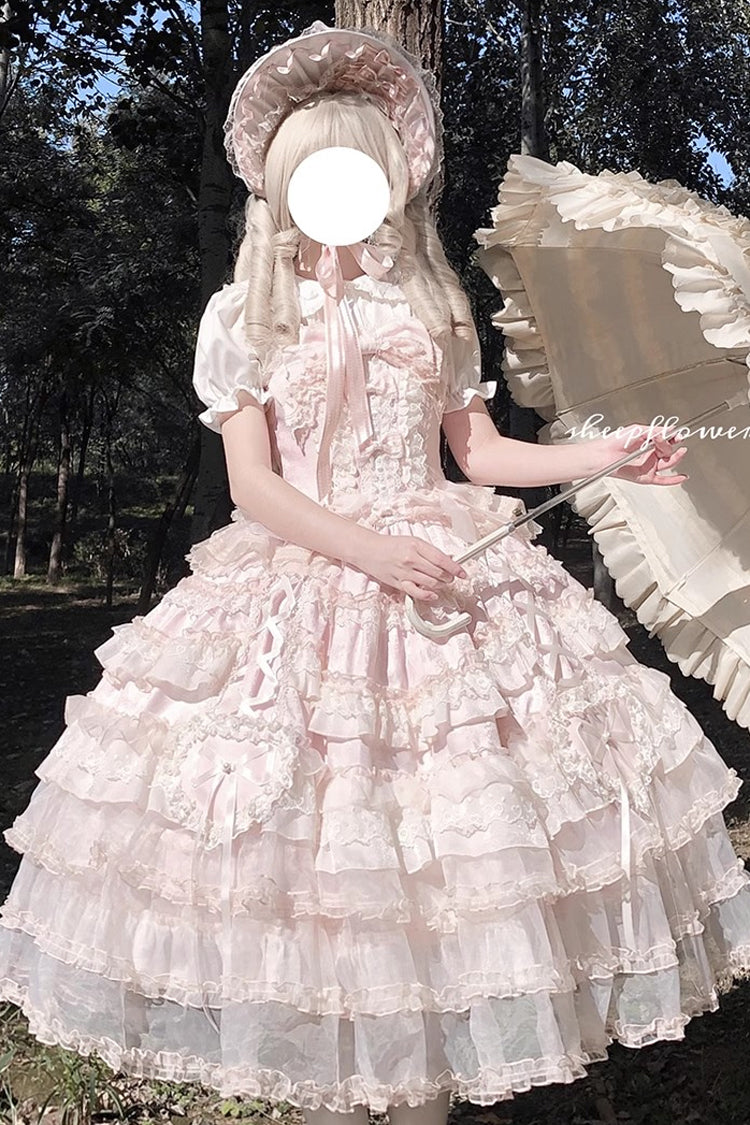 Pink Sweetheart Diary Multi-Layered Ruffle Hanayome Embroidery Bowknot Lace Sweet Lolita Jsk Dress
