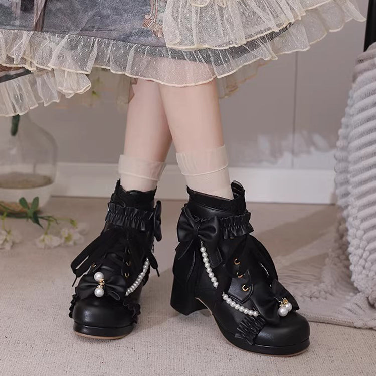 Sweet Ruffled Bow Pearl-Decorated Lolita Ankle Boots 3 Colors