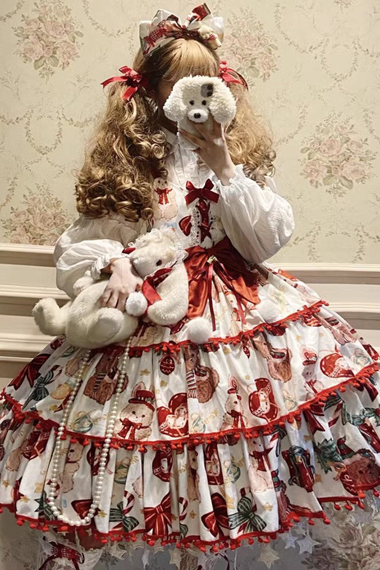 Red/White Christmas Bear Print Triple-Layered Ruffle Bowknot Sweet Princess Lolita Jsk Dress