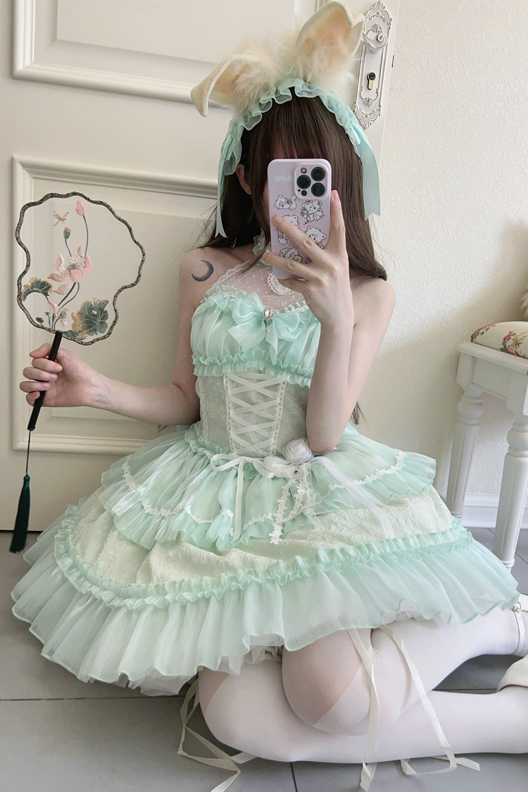 Green Halterneck Triple-Layered Bowknot Lace Sweet Lolita Jsk Dress