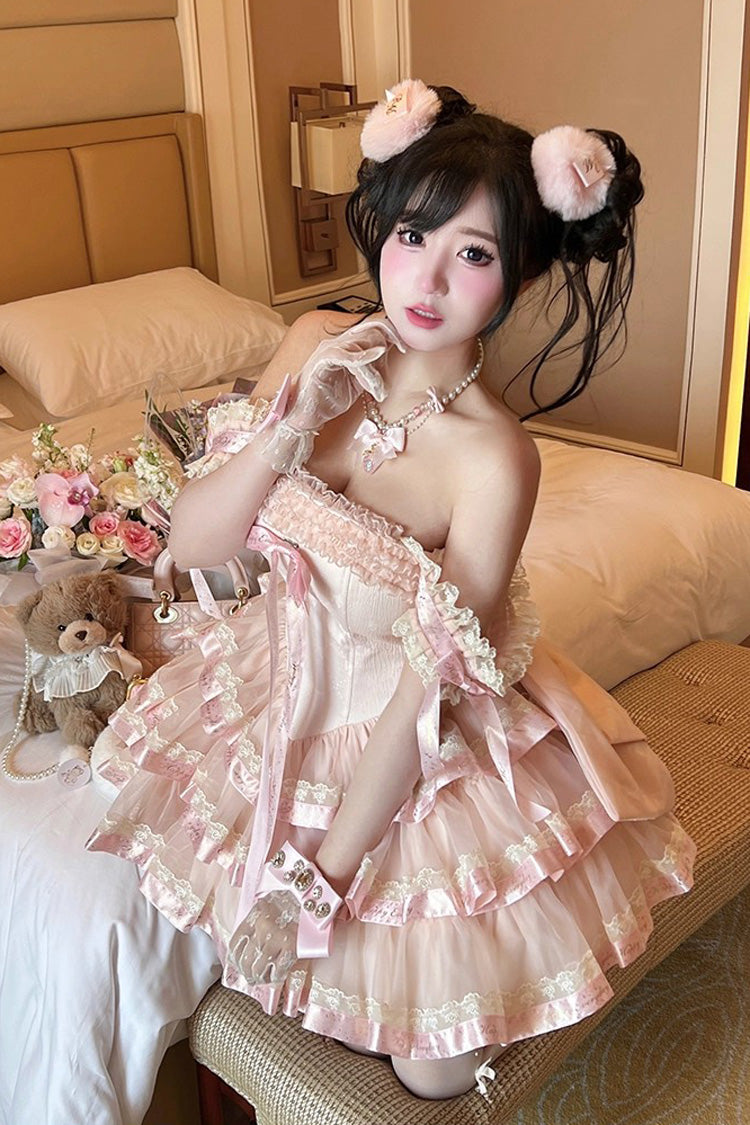 Pink Princess Ribbon Off Shoulder Triple-Layered Ruffle Bowknot Sweet Lolita Dress