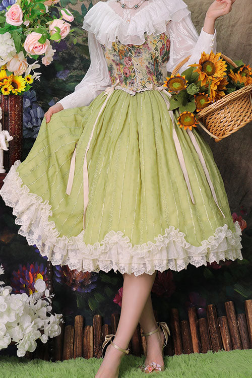 Green Elegant Vintage Tulip Multi-Layer Ruffled Classic Lolita Skirt Dress