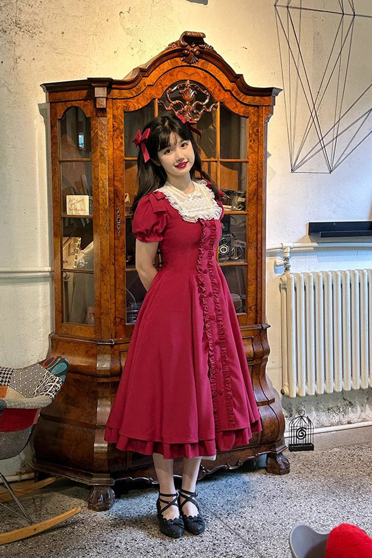 Wine Red Annie's Gift Short Sleeves Bowknot Sweet Lolita Dress (Plus Size Support)