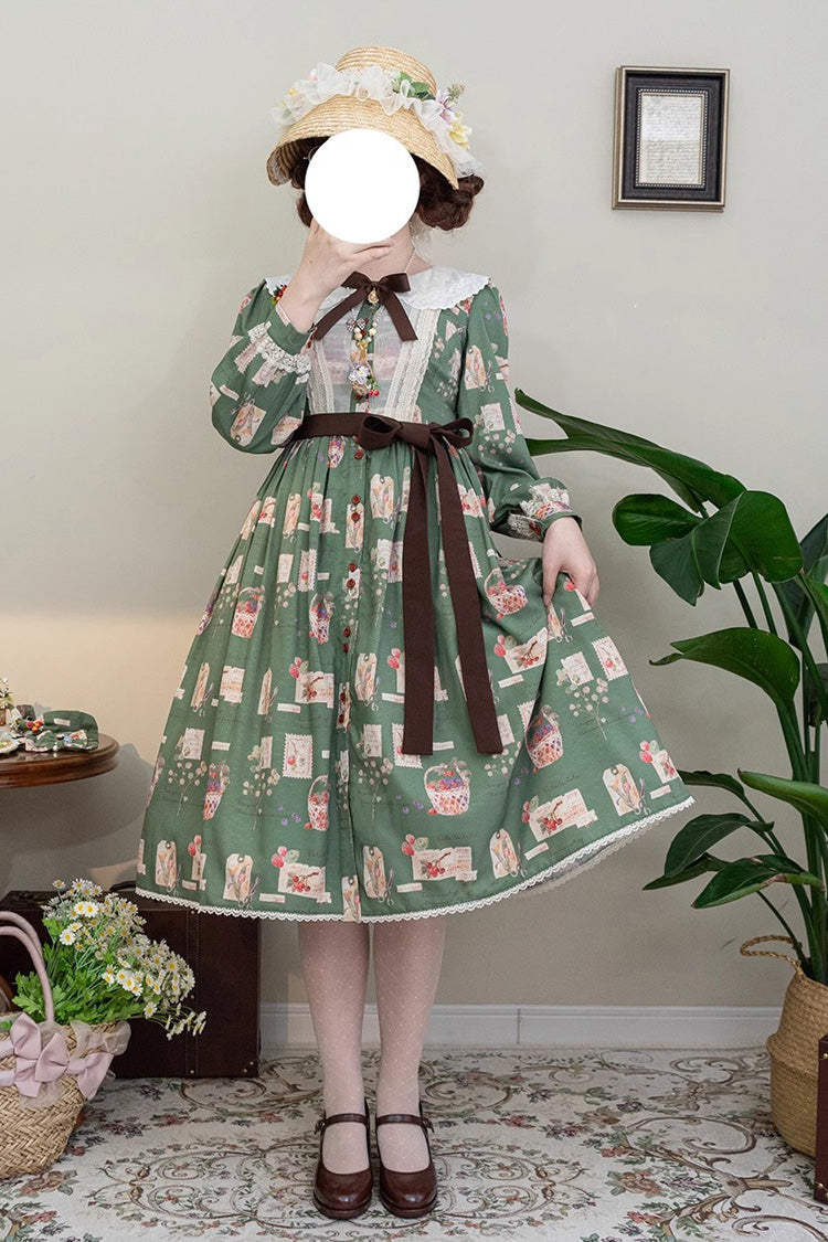 Forest Illustrated Book Long Lantern Sleeves Print Ruffle Sweet Lolita OP Dress 3 Colors