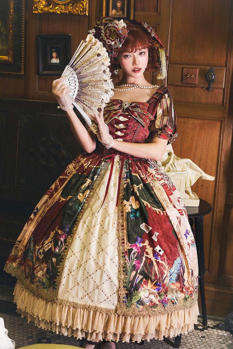 Red Kaleidoscope of Dreams Double-Layered Print Embroidery Bowknot Lace-Up Classic Vintage Gorgeous Lolita Dress