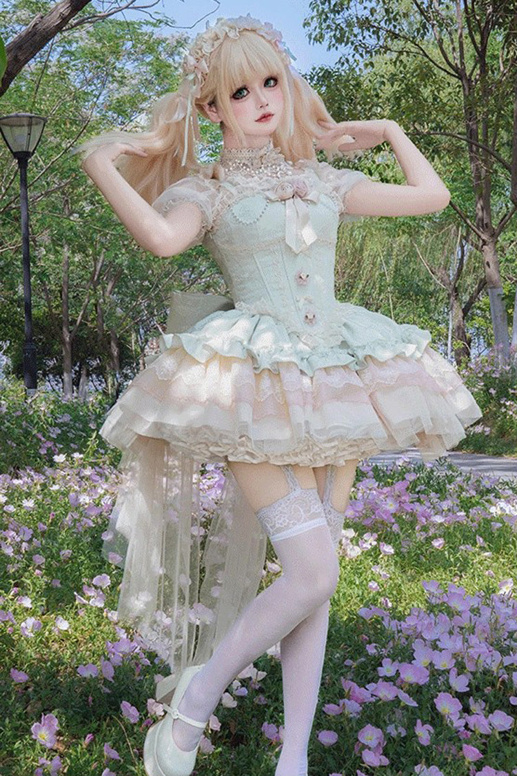 Green Fleeting Light and Shallow Dream Sleeveless Multi-Layered Ruffle Bowknot Lace Slim Sweet Ballet Lolita Jsk Dress