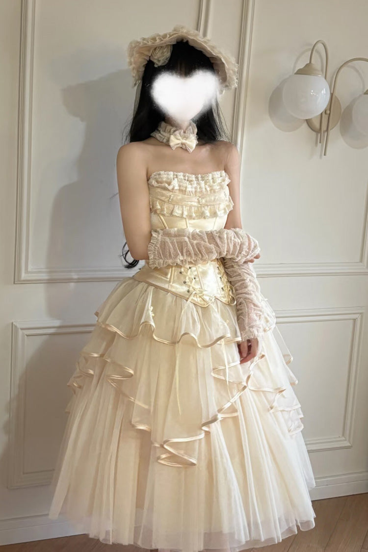 Ivory The Summer Waves Sparkle Square Collar Sleeveless Multi-Layered Ruffled Bow Lace-Up Slim Sweet Lolita Skirt Set