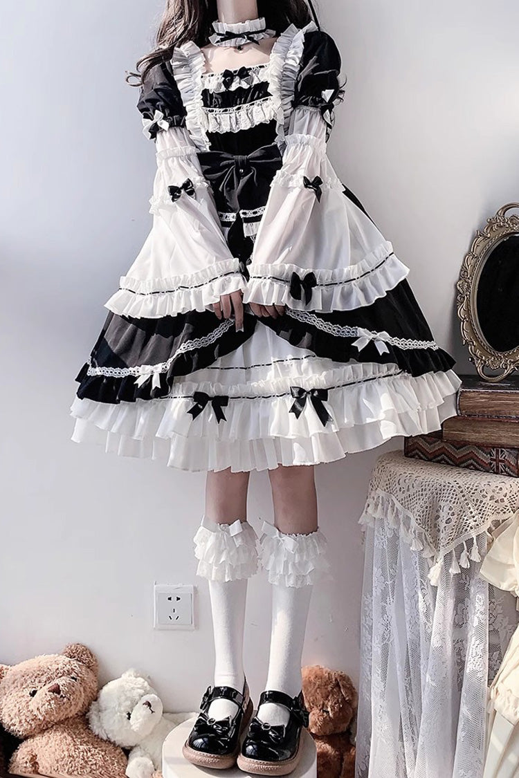White/Black Hime Sleeves Multi-layer Ruffle Cardigan Bowknot Gothic Princess Lolita Dress