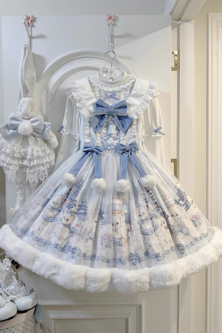 White Winter Fluffy Bea Sleeveless Print Bowknot Sweet Lolita Jsk Dress