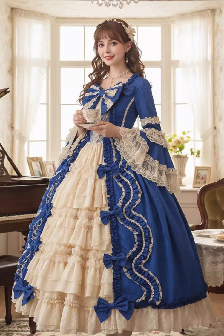 Sweet Long Sleeves Multi-Layered Ruffled Open-Front Bow Lace Princess Lolita Victorian Dress 5 Colors