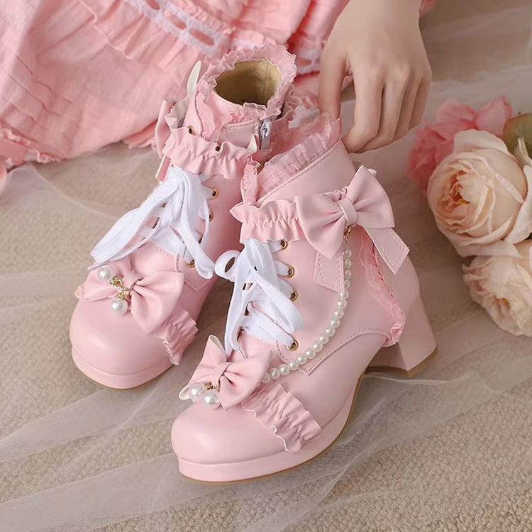Sweet Ruffled Bow Pearl-Decorated Lolita Ankle Boots 3 Colors