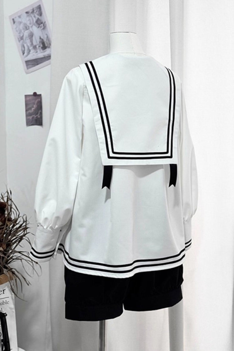 Black/White Old Stories Navy Collar Long Sleeves Bowknot Ouji Gothic Lolita Blouse Shorts Set
