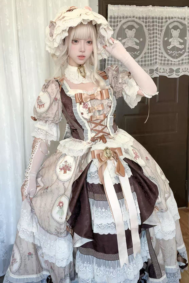 Brown Baker Street Tea Party Short Sleeves High Waisted Print Ruffle Embroidery Cardigan Bowknot Lace-Up Classic Vintage Princess Lolita Dress