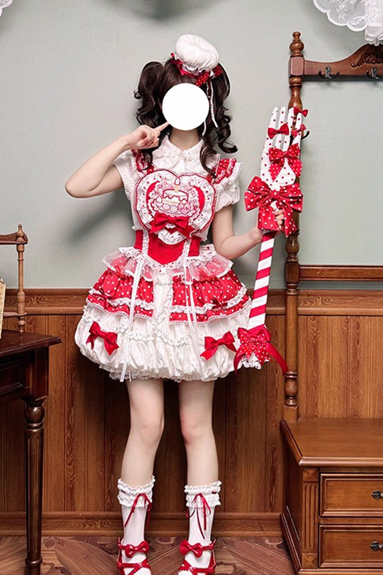Red/White Twin Bears Birthday Cake Sleeveless Print Ruffle Bowknot Lace Sweet Lolita Big Flower Bud Dress