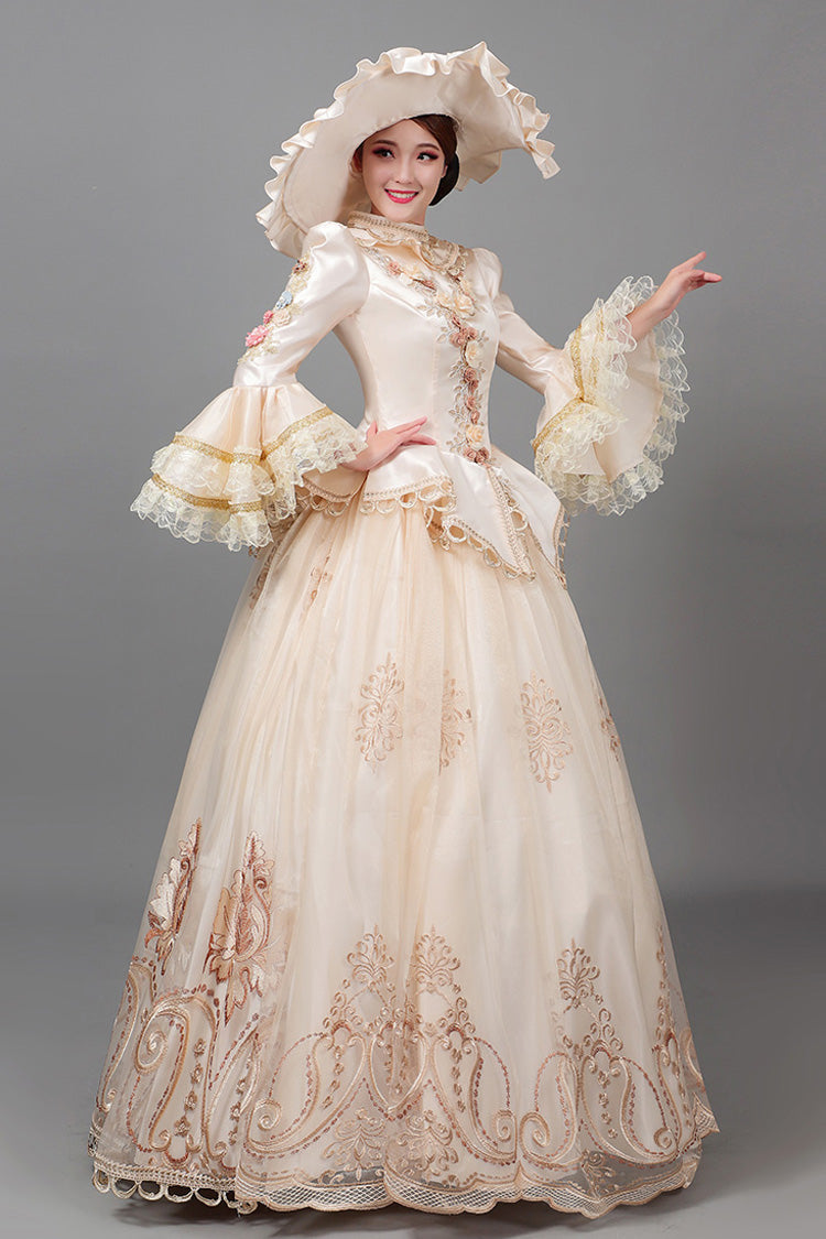 Champagne Court Style High Waisted Long Sleeves Floral Decorative Print Victorian Lolita Prom Dress