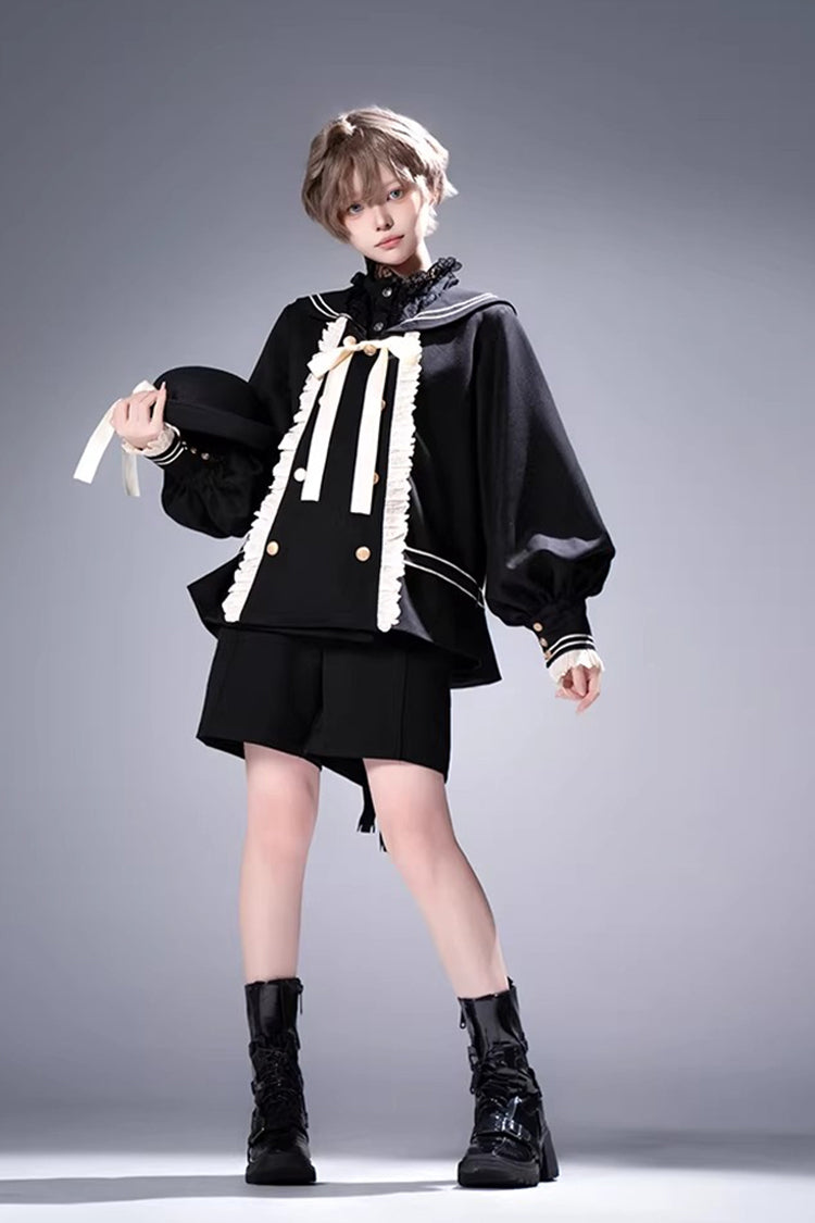 Black City of Mist Navy Collar Long Sleeves Gothic College Style Prince Ouji Lolita Shorts Coat Set