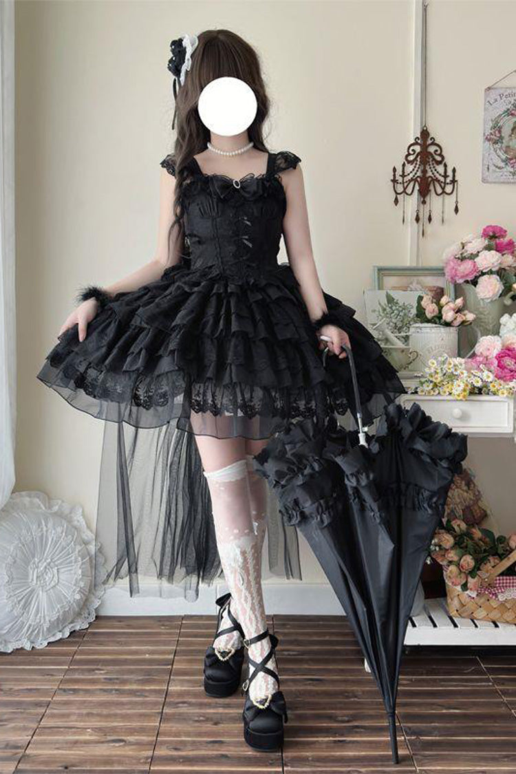 Black From Broken Wings to Rebirth Sleeveless Multi-Layered Ruffle Bowknot Lace-Up Gothic Ballet Lolita Jsk Dress