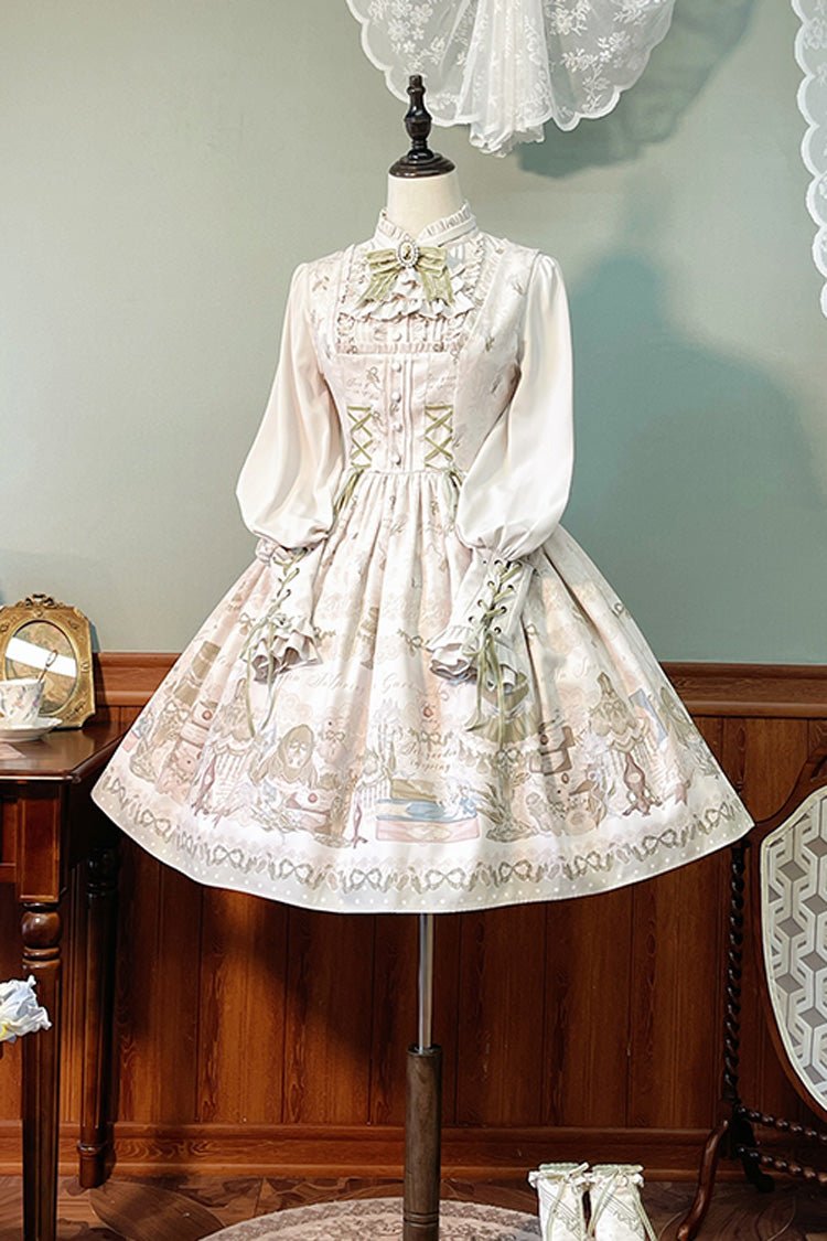 Iris Study Square Collar Print Bowknot Lace-Up Sweet Lolita Jumper Dress 2 Colors