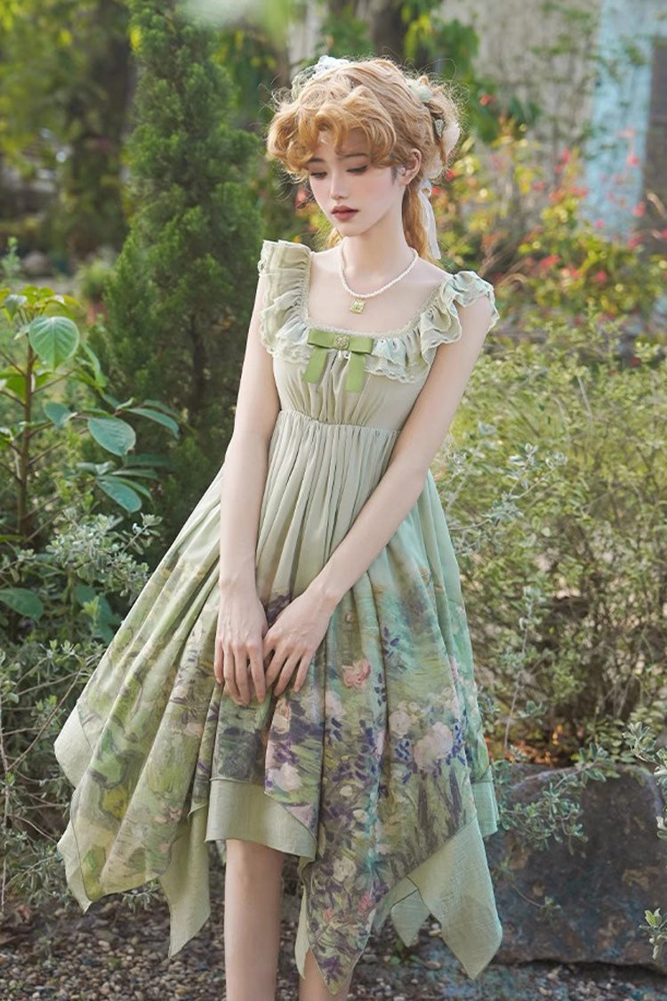Green Blooming Roses Print Oil Painting Chiffon Ruffle Bowknot Irregular Sweet Lolita Jsk Dress