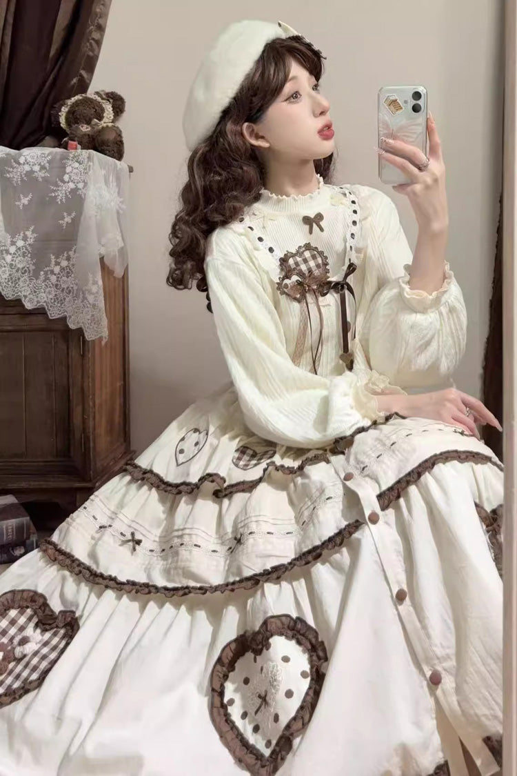 Ivory Lovely Heart Triple-Layered Ruffle Embroidery Bowknot Sweet Elegant Lolita Skirt