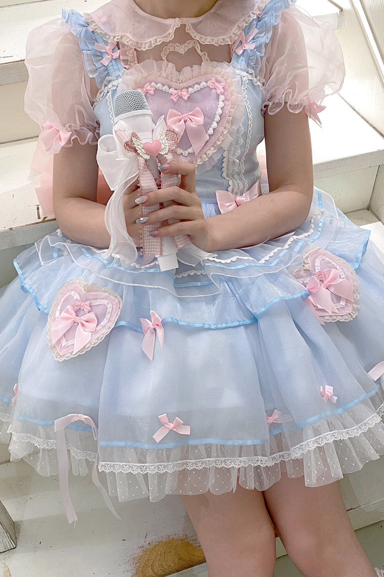 Blue/Pink Multi-layer Love Ruffle Bowknot Lace Sweet Lolita Jsk Dress
